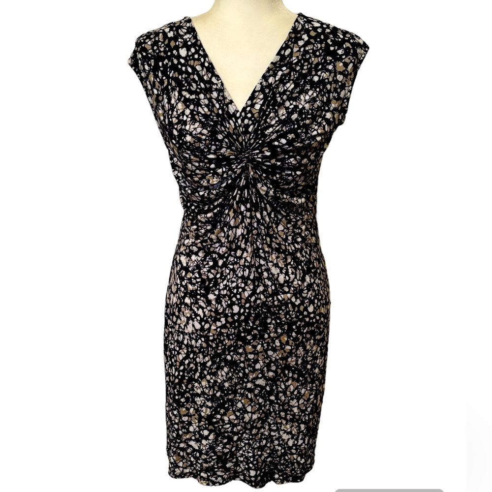 MICHAEL KORS Navy Print Jersey Knit Dress with Cinched Bodice Size Large